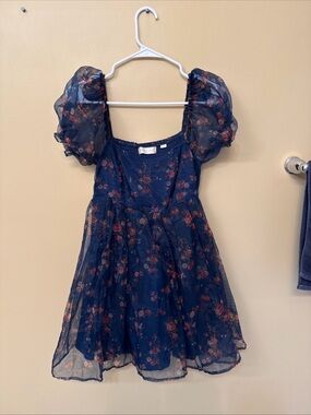 Altar'd State Navy Floral Puff-Sleeve Party Dress